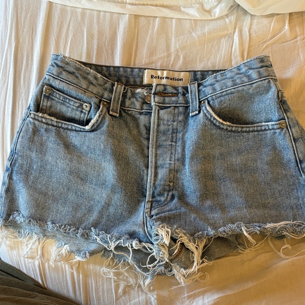 Reformation Light Blue Cutoff Denim Shorts